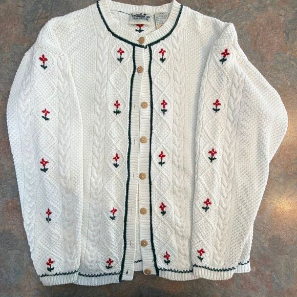 Northern Reflections Sweaters - Northern Reflections Vintage Cardigan Cable Knit White Sweater Red Flowers Mediu